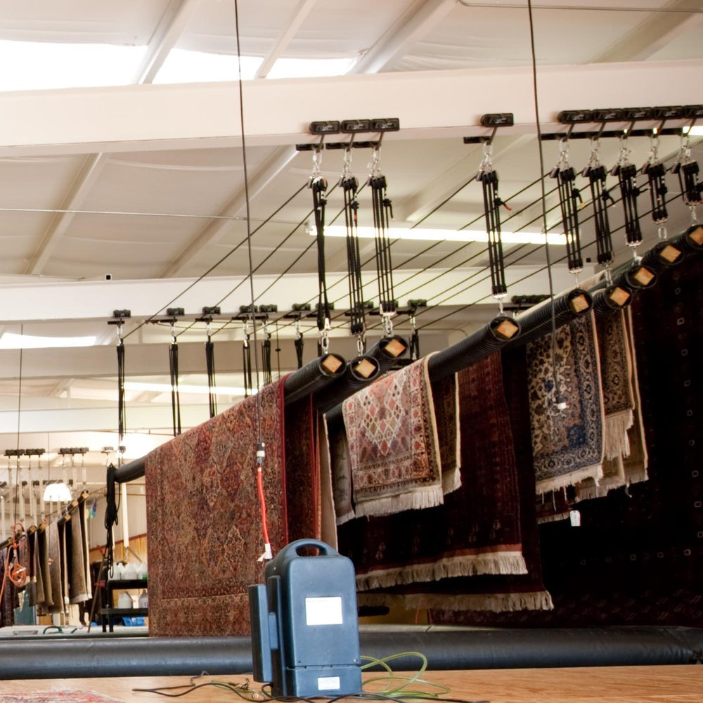 Several Oriental Rugs professionally hung up and hand-drying. 