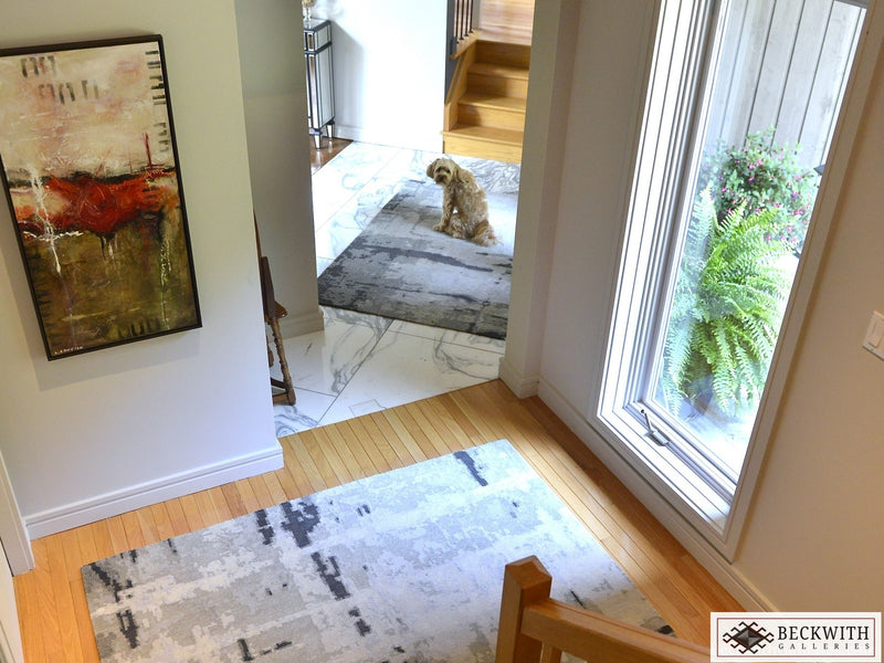 Photo of two modern rugs; one is by the window exposed to the sun and the other is beneath a fluffy family dog.