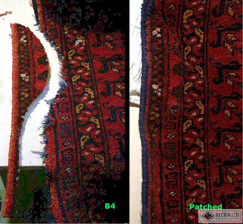 Before and after patching a torn rug